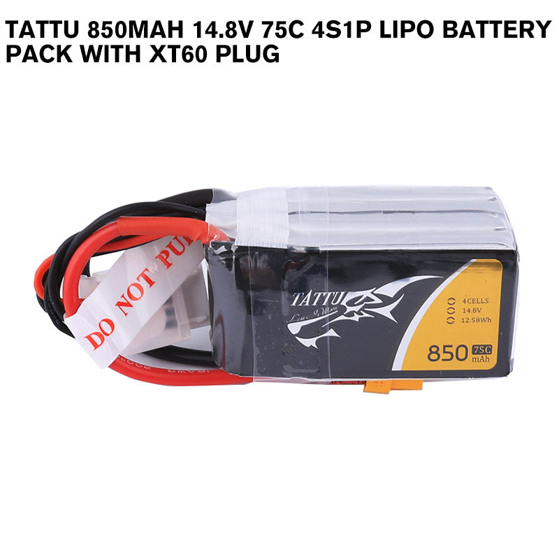 Tattu 850mAh 14.8V 75C 4S1P Lipo Battery Pack With XT60 Plug Tattu 850mAh 14.8V 75C 4S1P Lipo Battery Pack With XT60 Plug